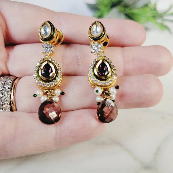 Statement Cocktail Earrings Dangle Drop Pierced Purple Green Delicate Pe… - Picture 1 of 12